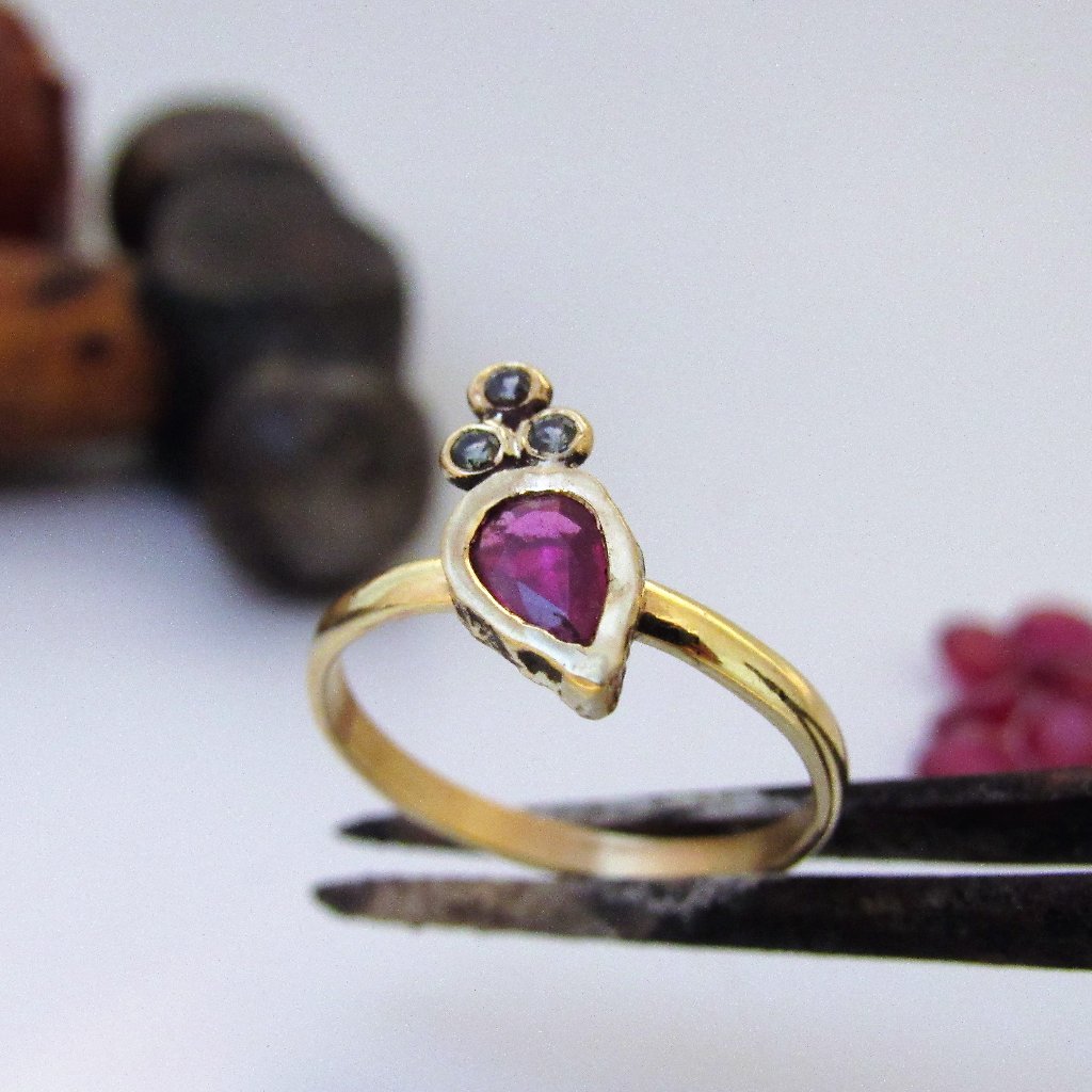 Ruby Gold Ring, Pear Cut Ruby, Cluster Ring, Handmade Jewelry